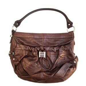 B. Makowsky Brown Genuine Leather Shoulder Bag With Leopard Print Lining & Multi